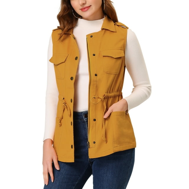 INSPIRE CHIC Veste Sans Manches pour Femme Taille à Cordon Fermeture Éclair Gilet Cargo en Coton avec Poche Brun Rouge TP