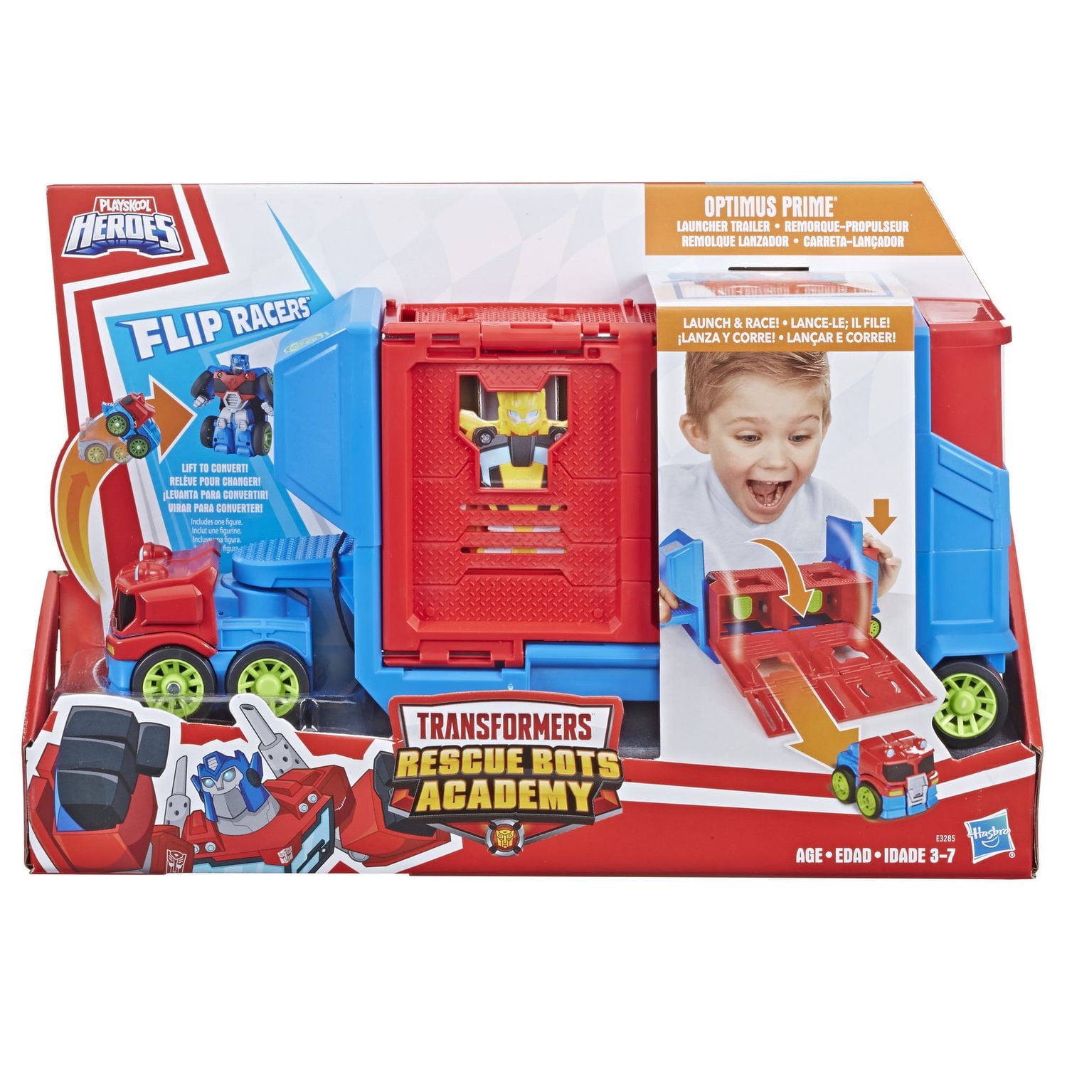 Playskool Heroes Transformers Rescue Bots Academy Flip Racers Optimus Prime Launcher Trailer