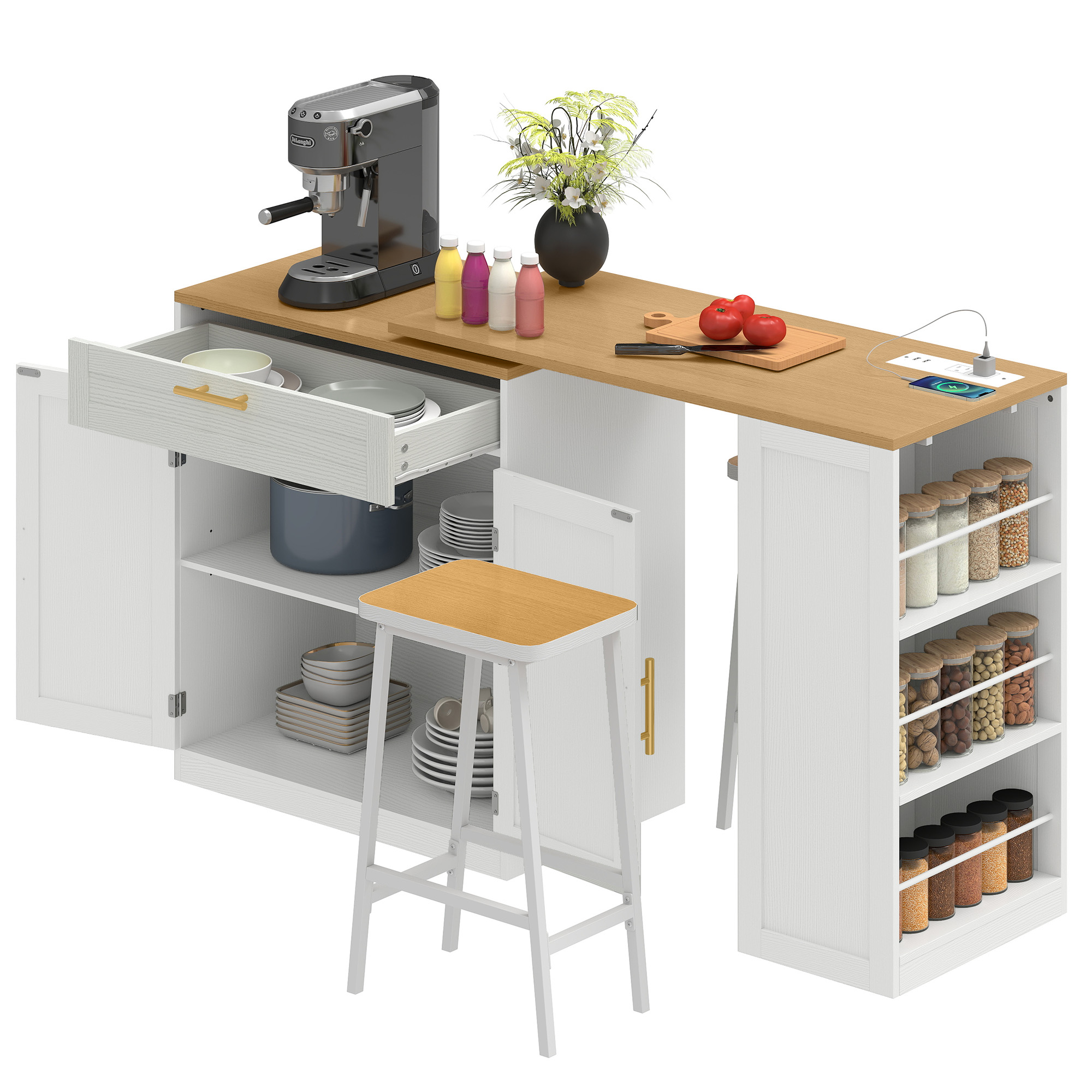 Uforic Extendable Kitchen Island Table with Power Outlets & Seating, Rolling Kitchen Island, White