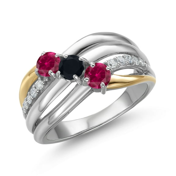 Gem Stone King 925 Silver and 10K Yellow Gold Red Created Ruby and Black Onyx and Lab Grown Diamond Engagement Ring for Women | 0.87 Cttw | Round 4MM | Gemstone July Birthstone (Size 7)