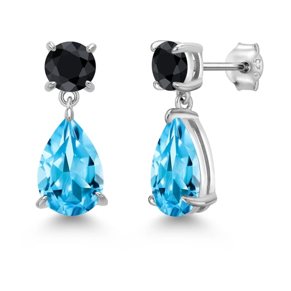 Gem Stone King 925 Sterling Silver Swiss Blue Topaz and Black Sapphire Earrings for Women | 9.76 Cttw | Gemstone November Birthstone | Pear Shape 12X8MM