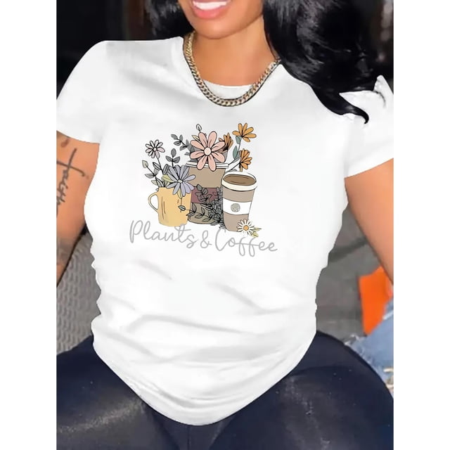 Camiseta Ligera de verano para mujerWomen's Fashion Floral Print T-Shirt, Casual Round Neck Short Sleeve, Comfortable Summer Top, Polyester, All Seasons, Knit Fabric, Stretchy Material, Ladies Leisu