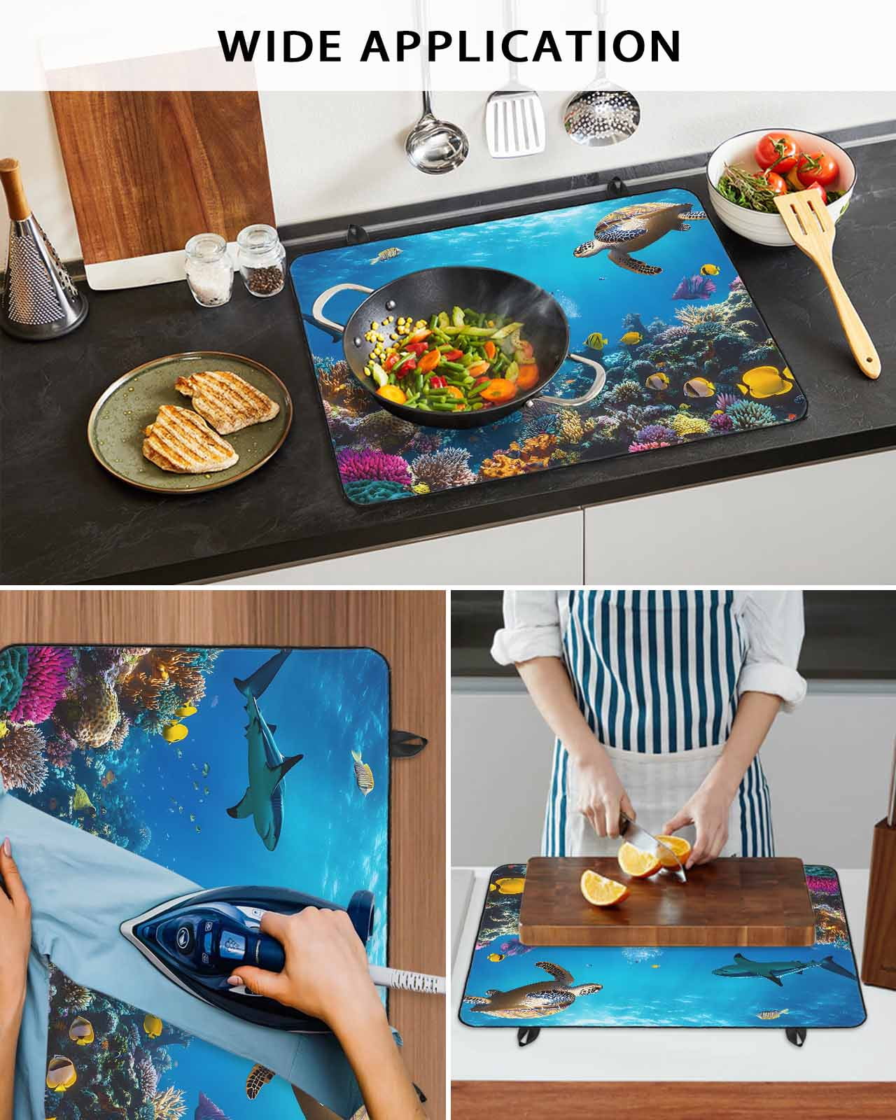nqOlkjepod Large Induction Cooktop Protector Mat 36"x21", Turtle Stove Top Covers for Electric Stove, Blue Ocean Sea Shark Coral Cartoon Fish Summer Stove Burner Cover Mats, Glass Top Stove Cover