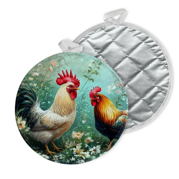 2 PCS Pot Holders for Kitchen,Potholders Sets with Hook for Oven,Cooking,Baking,Rooster And Hen Surrounded By Beautiful Flowers