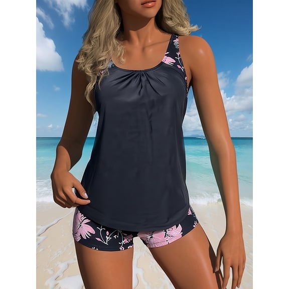 generic Womens Two Piece Tankini Swimsuits Crew Neck Swim Tank Top with Shorts Summer Fashion Print Bathing Suits Black S