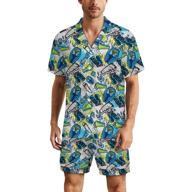 PRIYAL Men's Short Sleeve Pajama Sets Button Down Collar Sleepwear Soft Lounge Pjs Set Lightweight Men's Outfits