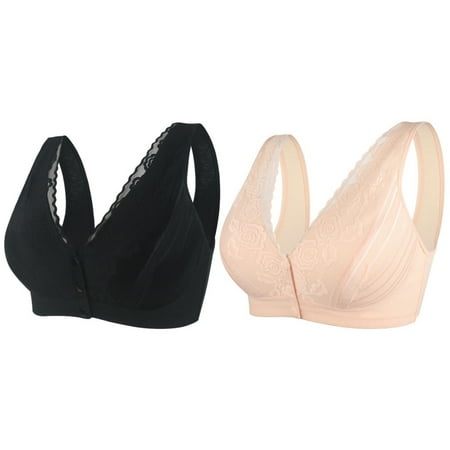 Pretty Comy 2 Pack Lace Bras for Women Wide Shoulder Straps Vest Bra Front Button Seamless Wirefree Bra Push Up Lingerie