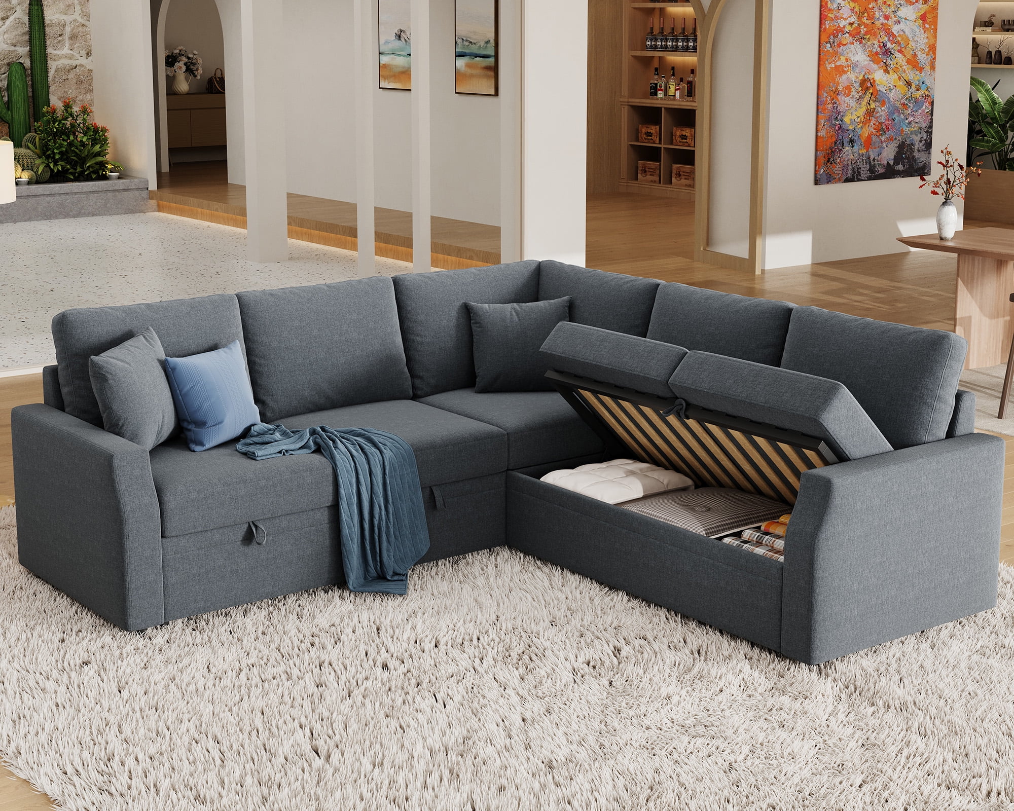 VANACC 85" L Shaped Sleeper Sofa Bed with Pull Out Bed and Storage Seat, Grey Linen Sectional Couch for Living Room Apartment