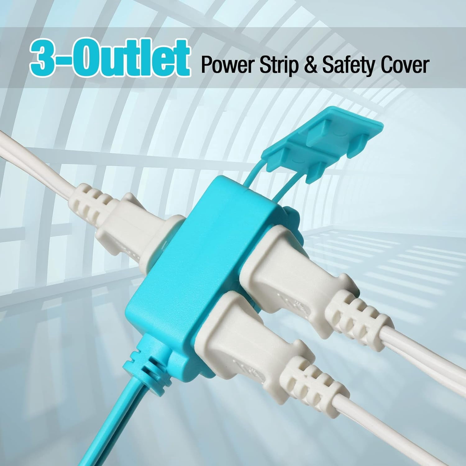 DURATECH 16 Gauge 12 Ft Indoor Extension Cords, 3-Outlet Power Strip- 2 Prong, with Safety Cap, Perfect for Home, Office or Kitchen, Blue, 2 Pack