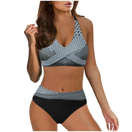 Gubotare Women Two Piece Vintage Swimsuit Retro Halter Ruched High Waist Bikini with Bottom Gray XXL