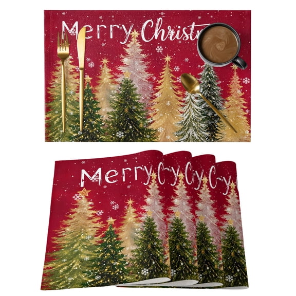 Merry Christmas Placemats Set of 6 Winter Green Yellow Forest Xmas Tree Snowflake Heat Insulation Washable Place Mats, Non-Slip Table Mats for Dining Table Party Kitchen Decor, 13x19 Inch