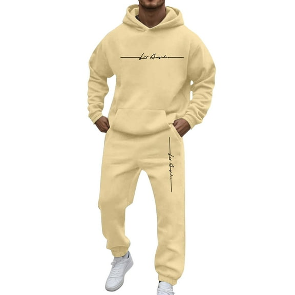 FYEGRE Men's Two Piece Hooded Sport Suit Casual Solid Color Wear with Raglan Sleeves and Drawstring Pants Beige XXL