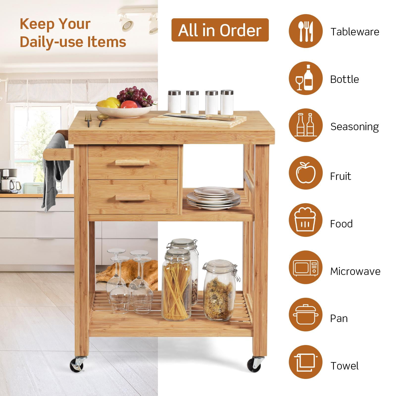Giantex Bamboo Kitchen Island Cart Trolley, 3-Tier Rolling Kitchen Cart w/ 2 Drawers, Open Shelves, Towel Rack, Kitchen Serving Storage Cart for Kitchen, Dining Room, Living Room, Natural