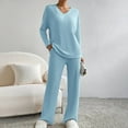 thumbnail image 6 of BLOCLOALO 2 Piece Lounge Set Long Sleeve Tops Women's 2023 Fashion Casual Straight Leg Pants Loose V Neck Knit Set V Neck Blouses Knit Sweater Womens Lounge Outfit Blue Xxl, 6 of 8