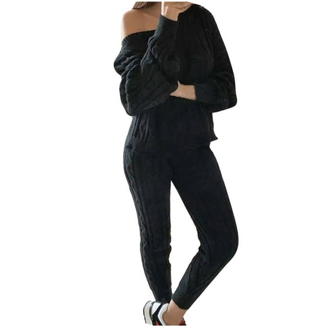 Womens Solid Color Shoulder Off Long Sleeve Cable Knitted Warm Two-Piece Long Pants Sweater Suit Set