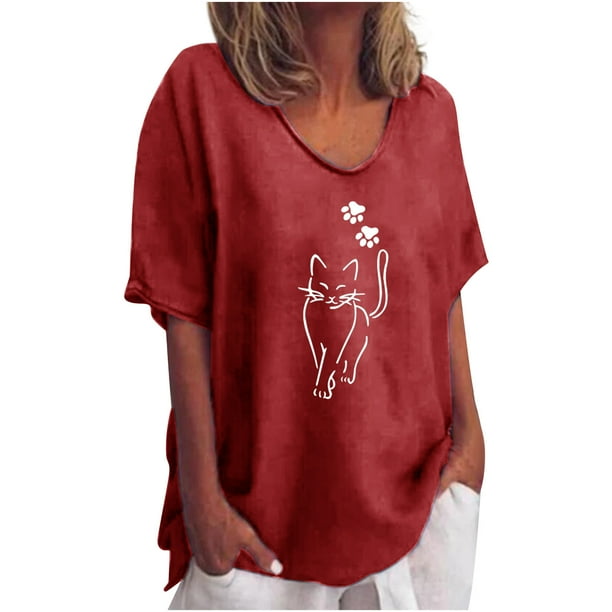 Blusa casual para mujer Cuello redondo Estampado animal Camiseta de manga corta Camisa suelta para mujer Pompotops hfajkhk138705