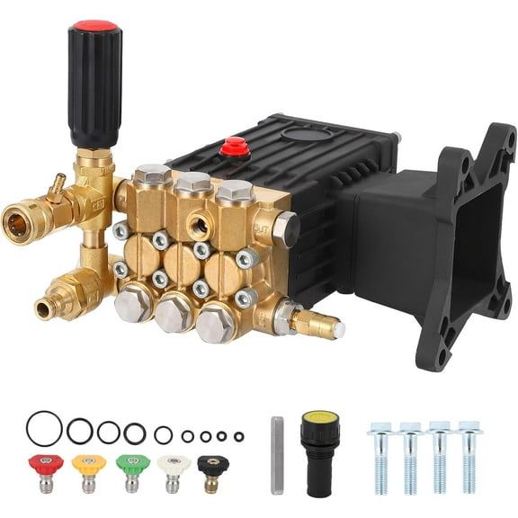 Yesfashion Pressure Washer Pump, 4000PSI 4.4GPM 1" Shaft Horizontal Triplex Plunger Power Washer Direct Drive Pump with Honda GX340 GX390 GX270,5 Nozzle Tips