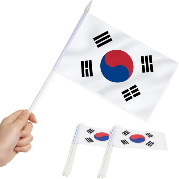 Anley Korea Mini Flag 12 Pack - Hand Held Small Miniature Korean Flags on Stick - 5x8 Inch with Solid Pole & Spear Top