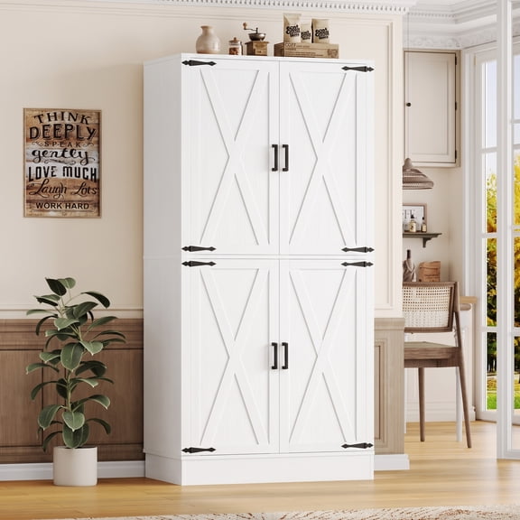 Homieasy 70" Tall Kitchen Pantry Cabinet, Farmhouse Storage Cabinet with Barn Doors & Drawer, Adjustable Shelves, White