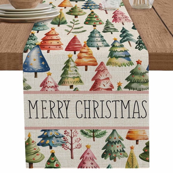 nqOlkjepod Christmas Pine Table Runner 36 Inches Long Farmhouse Dress Scarves, Winter Watercolor Xmas Trees Beige Dining Tablerunner for Coffee Table/Kitchen Island/Party Décor, Small 13" x 36"