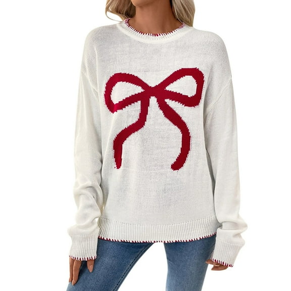 Women's Sweaters, A Fashionable And Casual Bow Pullover Knitted Sweater For Women(White,L)