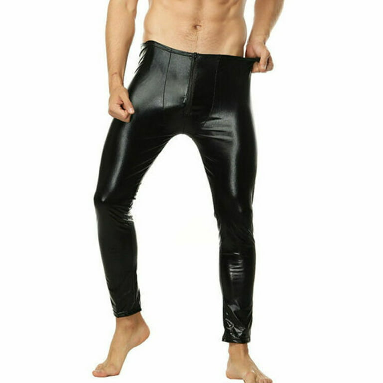 leesuo Men's Sexy Faux PU Leather Pants Oil Shiny Wetlook Slim Fit