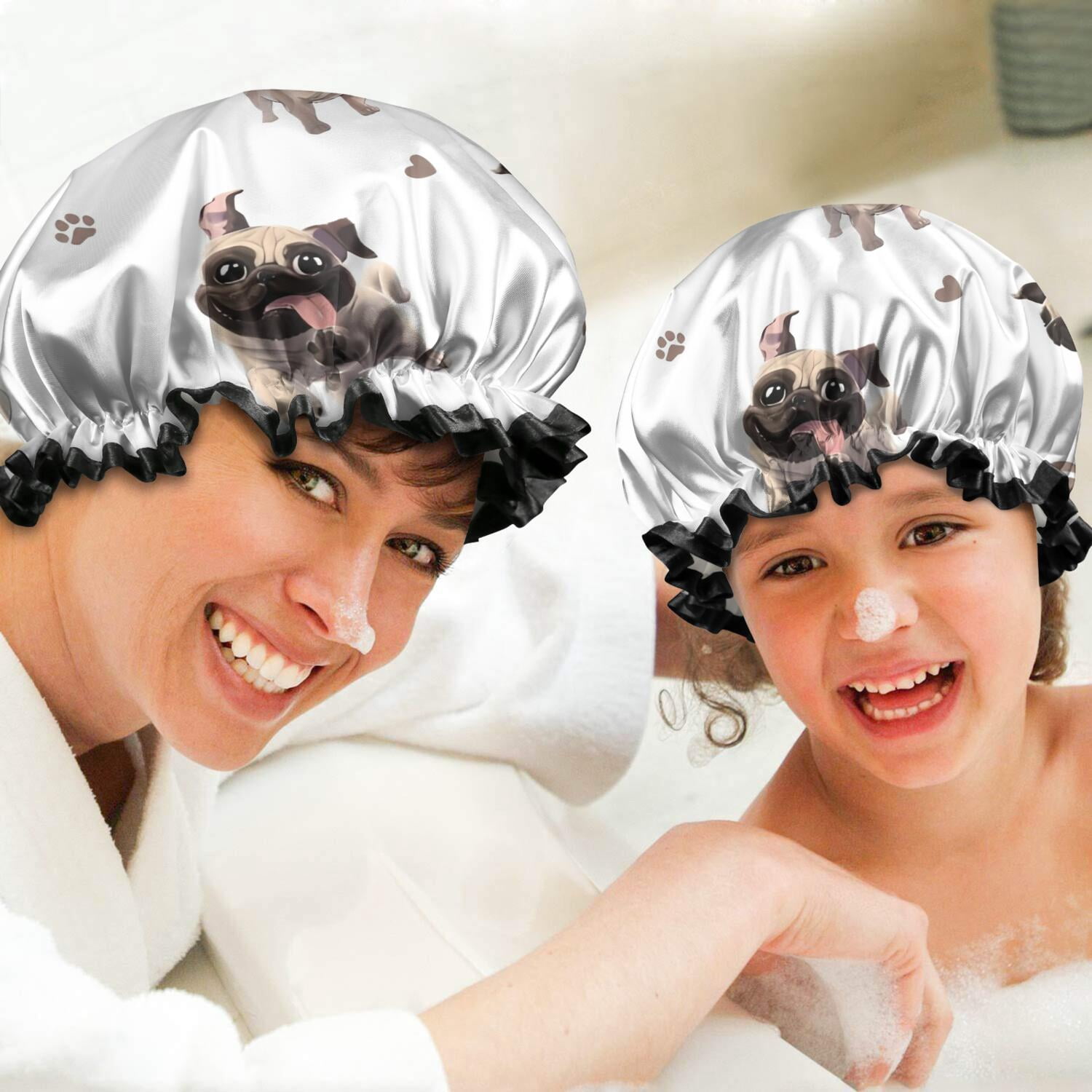 Shower Caps,Pug and Footprint Waterproof Shower Cap for Women 4 Pieces,Double Reusable Hair Cover for Shower PEVA Elastic Stretch Hem