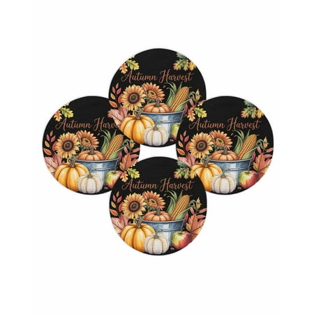 Fall Round Placemats Set of 4 Autumn Harvest Pumpkin Place Mats Thanksgiving Woven Placemat Corn Maple Leaves Black Circle Braided Table Mat for Kitchen Dining Table Autumn Party Home Decor 15 Inch