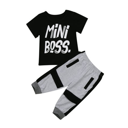 

EYIIYE Baby Boy Summer Black Short Sleeve Letter Top + Patchwork Pants Leggings Set 1-6 Years