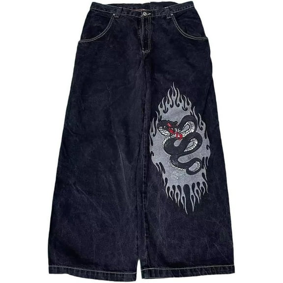 Luwomo Leisure Jeans Mens Long High Waist Wide Leg Graphic Embroidered Trousers Washed Y2K Streetwear Relaxed Fit Denim Pants Z1 Black,L