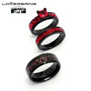 His and Hers Wedding Ring Sets Couples Rings Black Gold Plated Red Ruby Cz Stainless steel band