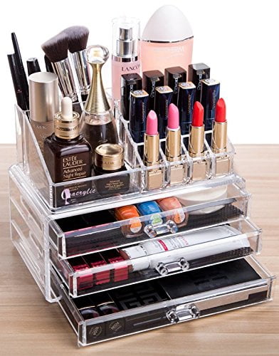 Acrylic 3 Drawers and 16 Grid Makeup Organizer with Cosmetic Storage ...