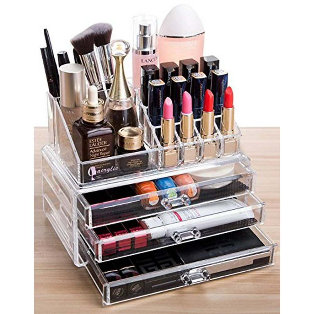 Acrylic 3 Drawers and 16 Grid Makeup Organizer with Cosmetic Storage