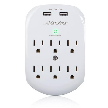 Maxxima 6 Outlet Dual USB 2.4A Grounded Adapter Plug, 490 Joules Surge