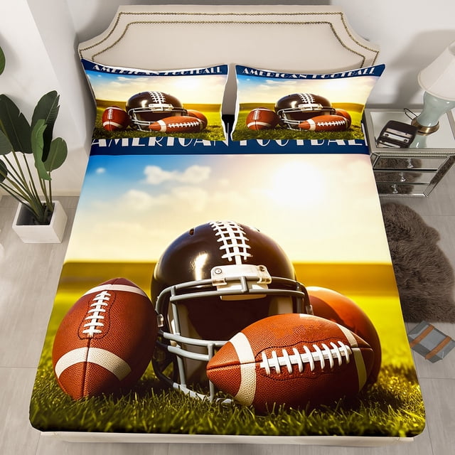 YST Drap-Housse de Football Américain Format Simple pour Enfants Garçons Ados Draps de Lit de Sports de Rugby, Drap-Housse de Ballon de Rugby Brun Housse de Lit Casque de Rugby, 2 Pcs avec 1 Taie d'Oreiller