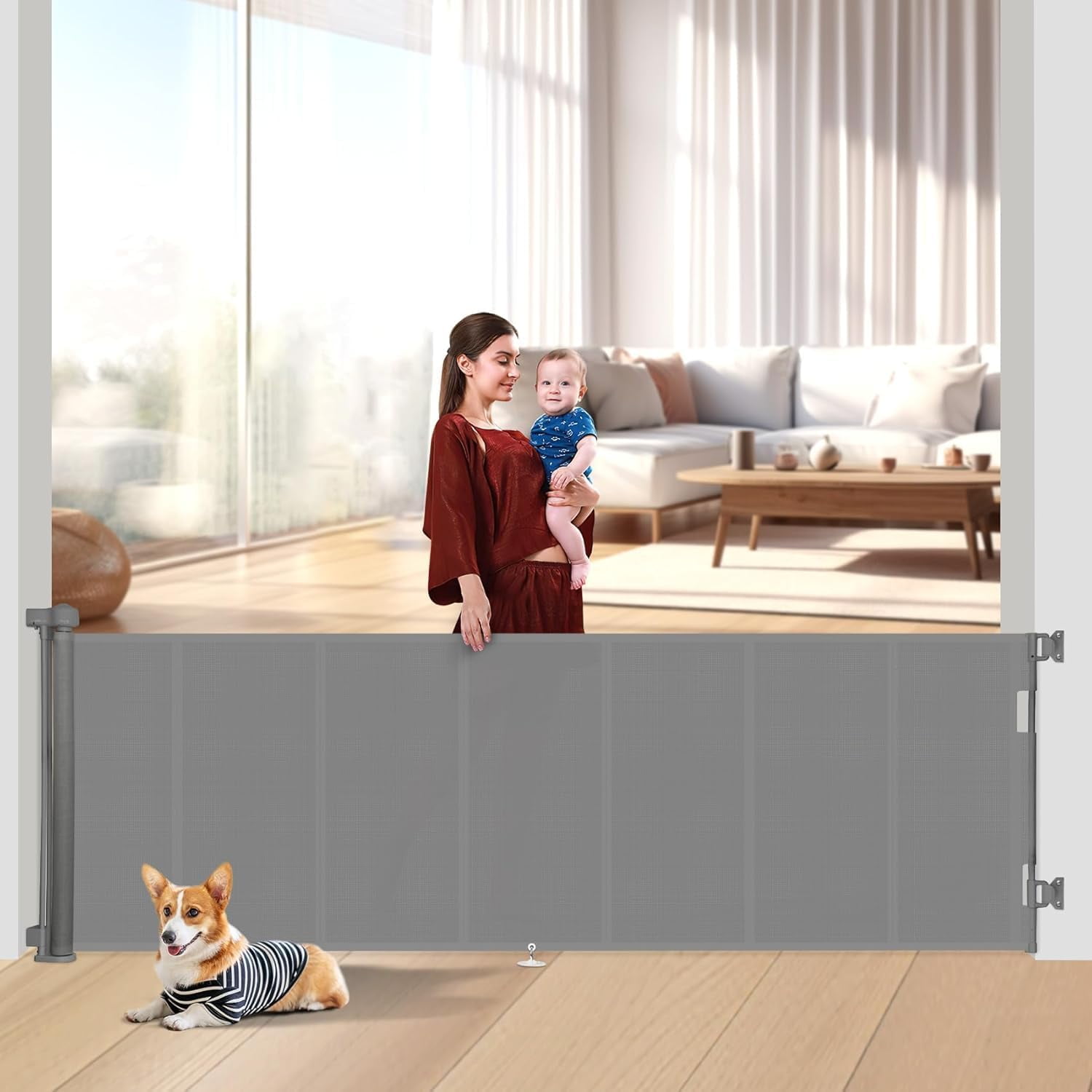 DEA 100 inch Retractable Baby Gates 34 inch Tall Retractable Gate with Reinforced Strip Design to Prevent Crawling Through 8 FT Extra Wide Retractable Dog Gate for Indoor/Outdoor
