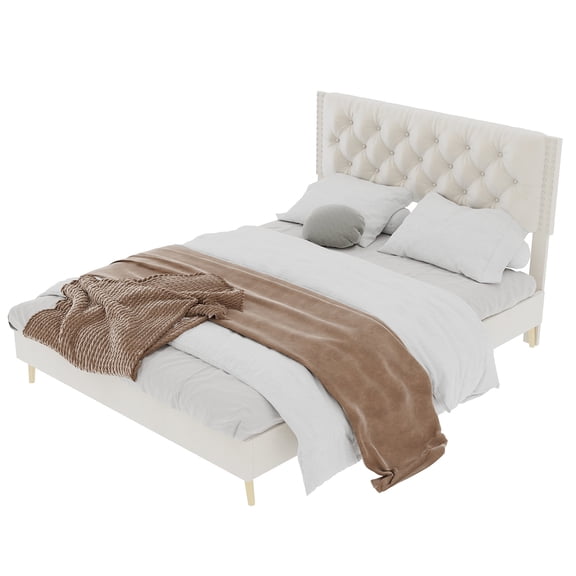 HMYG Velvet Upholstered Bed, Queen, Beige
