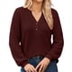 thumbnail image 2 of Blusas Tipo Suéter de Larga Informales con Cuello en V y Cuello de Gofre para Mujer Rojo Oscuro S, 2 of 7