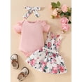 thumbnail image 4 of Michellecmm Baby Girls Summer Outfits Ribbed Fly Sleeve Romper with Floral Pattern Overalls Dress and Heaband 3 Pcs Set, 4 of 9