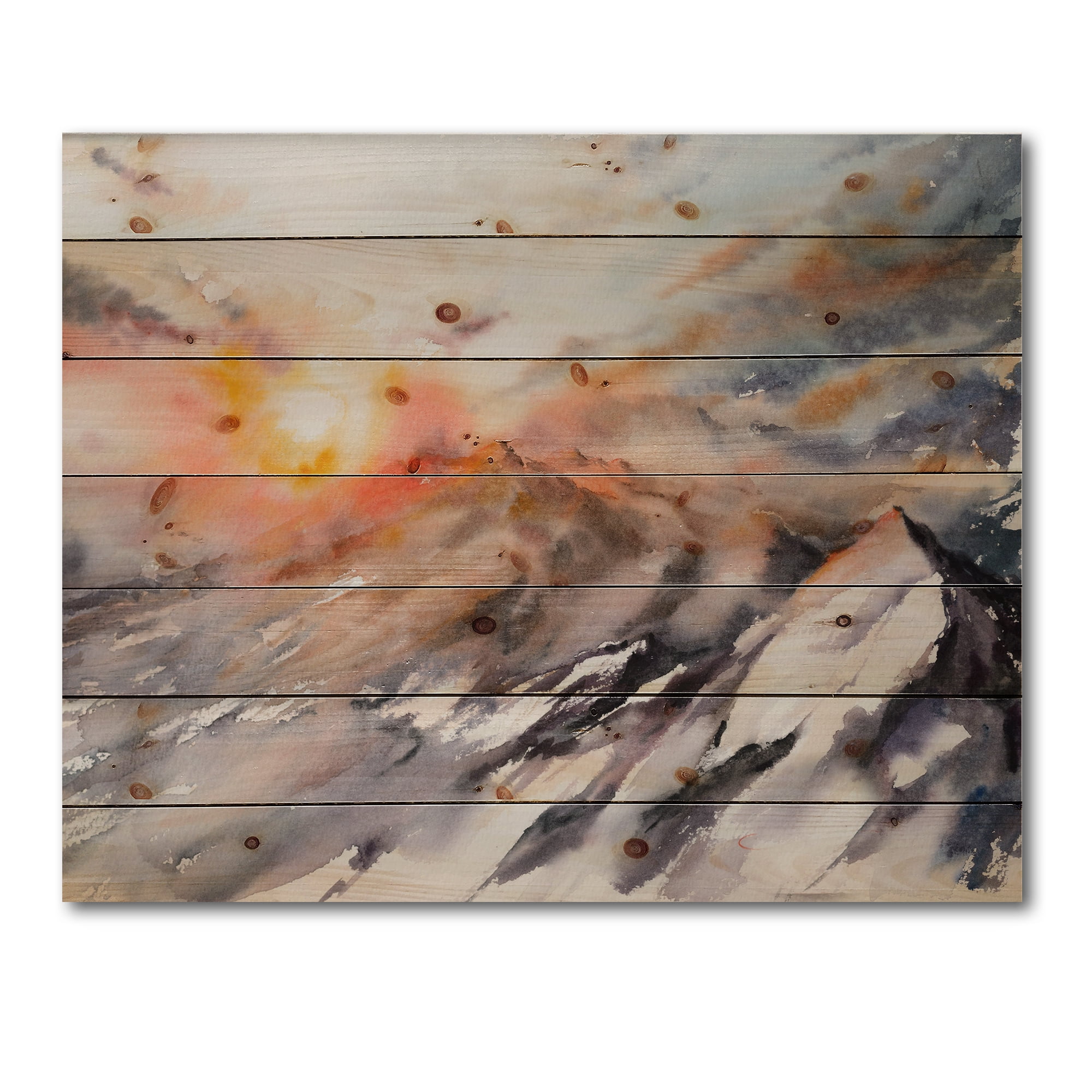 Designart 'Majestic Sunset Glow on The Mountains Landscape' Traditional Print on Natural Pine Wood
