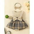 thumbnail image 2 of Suealasg Newborn Girl Romper Dress 3M 6M 12M 18M Baby Girls Clothes Sets Lace Fly Sleeve Bowknot Plaid Skirt Hem Jumpsuits Bodysuits with Headband Infant Summer Clothes, 2 of 9