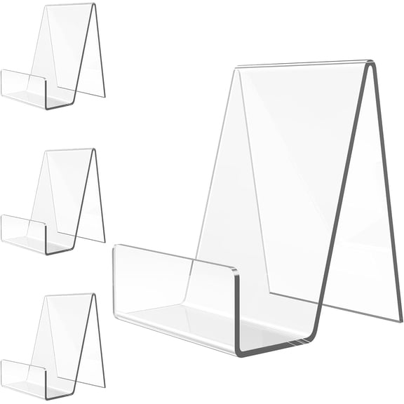 4 Pack Acrylic Book Stand, Book Holder for Display, Clear Easel Stand for Display, Display Holder for Postcard, CD, Frame, Picture, Magazine, Plate, Phone, Sticker