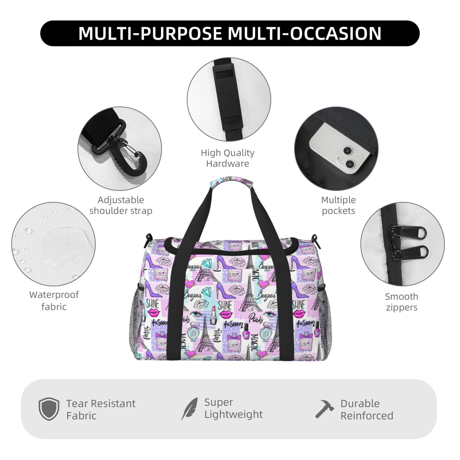 Fuzoiu Eiffel Tower and Hearts Print Travel Duffle Bag,Carry On Tote Bags,Duffel Bag,Sport Gym Bag, Hospital Bag for Labor and Delivery, Overnight Bag,Luggage Bag