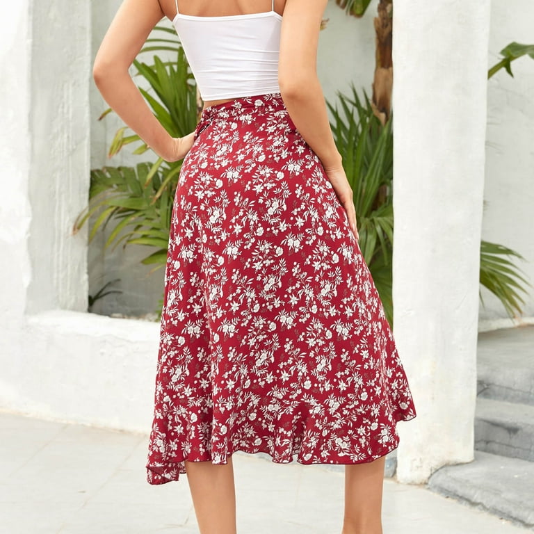 Womens One Piece High Waist Midi Skirt Floral Print Boho Ruffle Asymmetric  Hem Flowy Summer Beach Long Skirt 