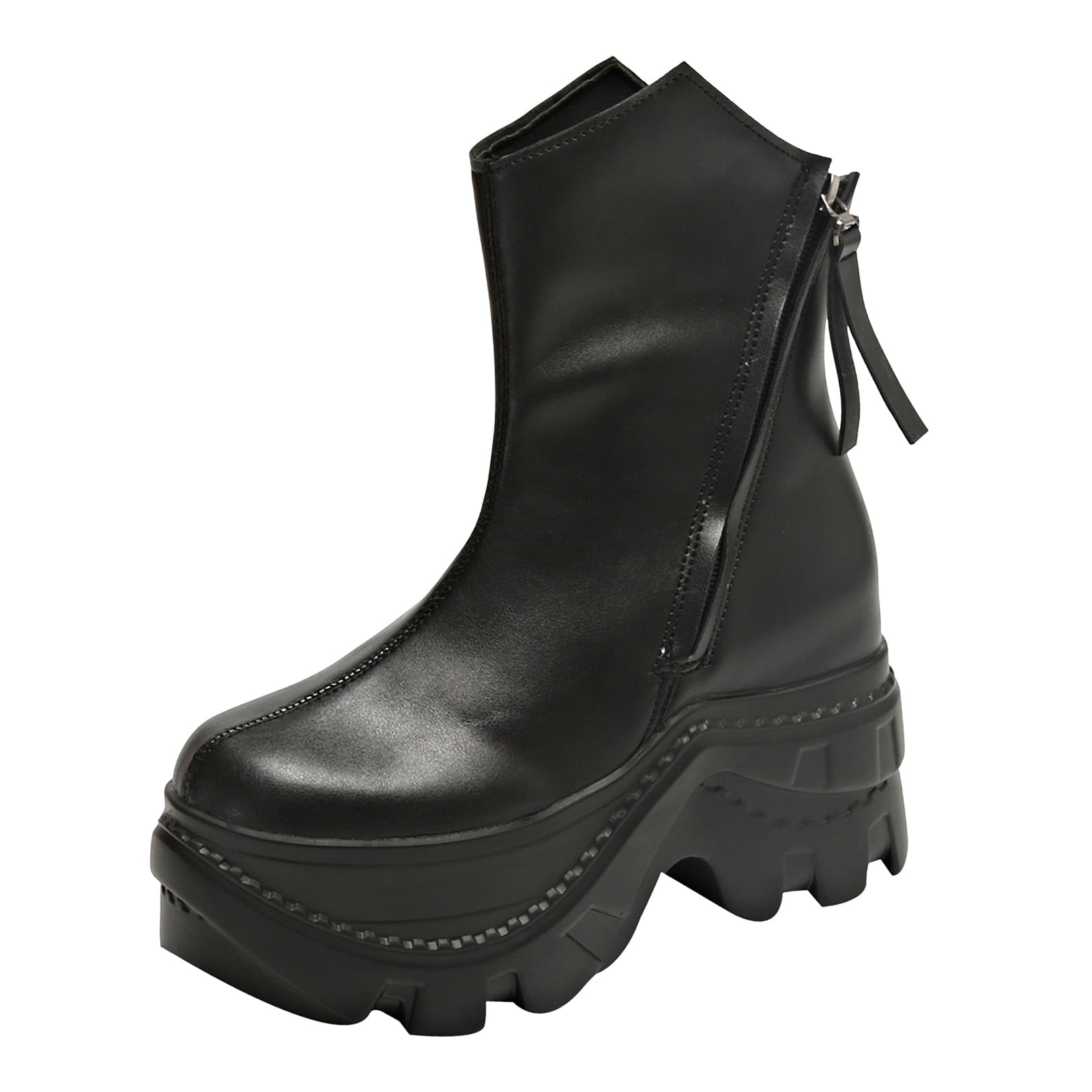 Womens Punk Black Wide Mid Calf Platform Boots Gothic Leather
