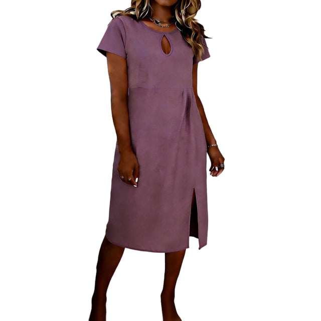 Largo Vestido Casual Mujer Mezcla de Lino Cuello Redondo Suelto Ajuste Multicolor Maxi de Verano para la Playa