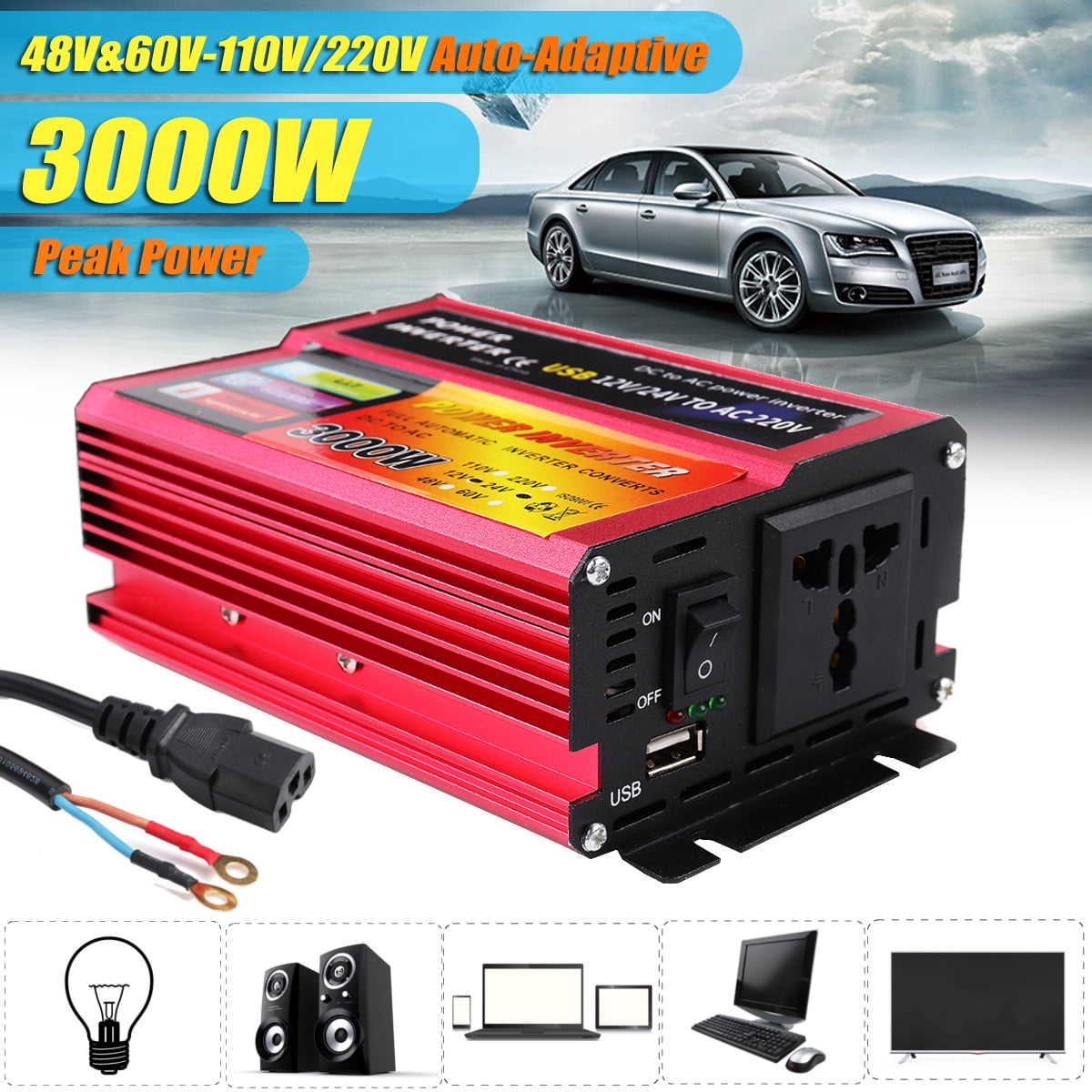 3000W Car Solar Power Inverter DC12/24/48V To AC110/220V Sine Wave Converter Walmart Canada