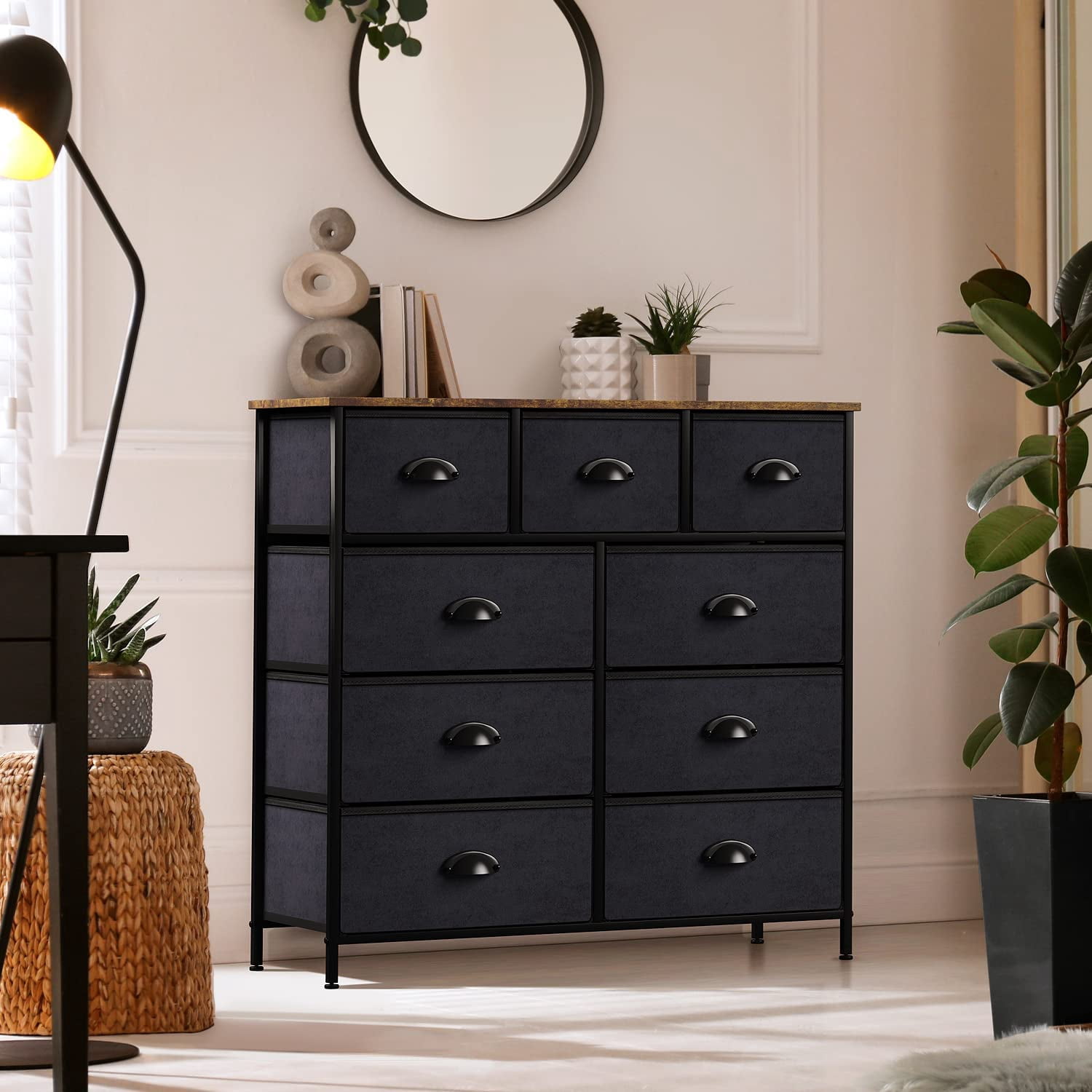 Sorbus 9-Drawer Dresser Nightstand End Table, Steel Frame, Wood Top, Black Wood