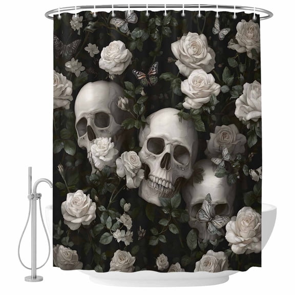 Polyester Fabric Halloween Skull Shower Curtain, Retro White Rose Flower Horror Fall Waterproof Bathtub Curtain Bathroom Decor Set with Hooks 36 x 72 Inches