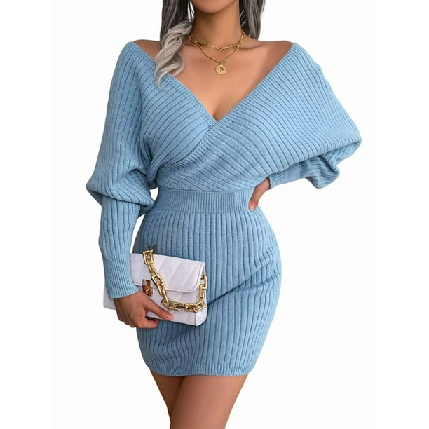 Vestido Mini de Punto Cruzado de Larga con de Murciélago para Cóctel para Mujer Azul L